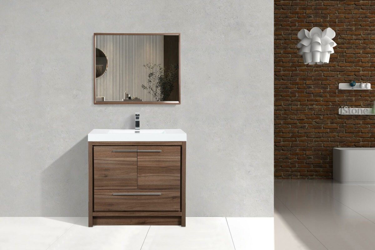 36" Walnut Freestanding Bathroom Vanity with White Polymarble Countertop - Image 2