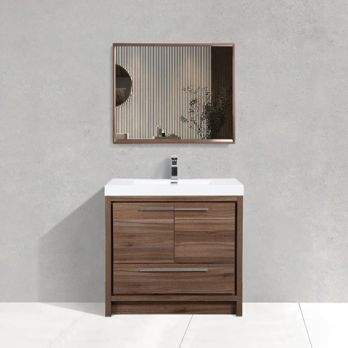 36" Walnut Freestanding Bathroom Vanity with White Polymarble Countertop - Image 1