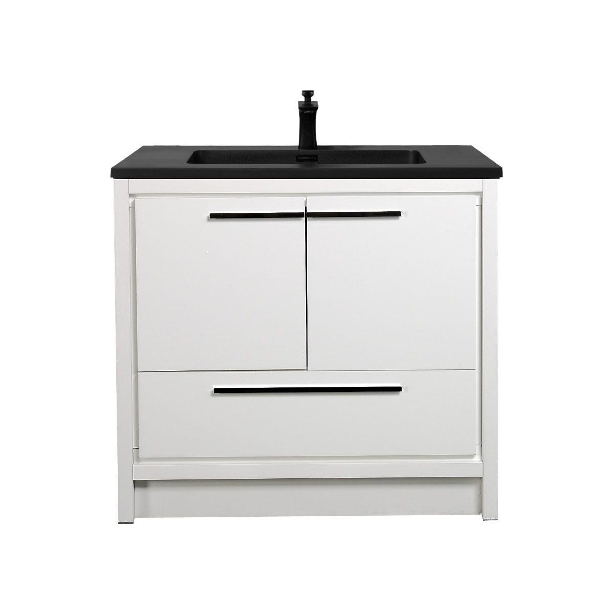 36" Glossy White Freestanding Bathroom Vanity with Black Engineered Quartz Countertop - Image 2