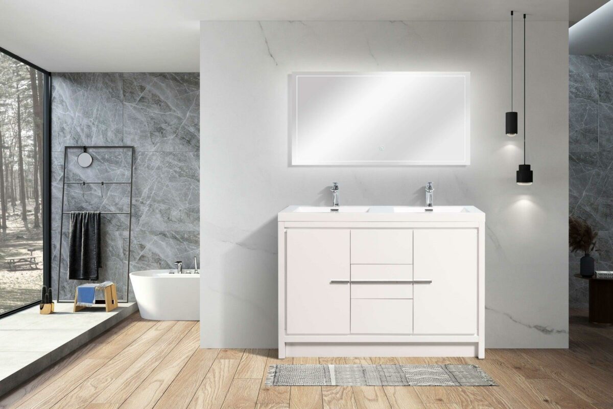 48" Glossy White Freestanding Double Sink Bathroom Vanity with White Polymarble Countertop - Image 2