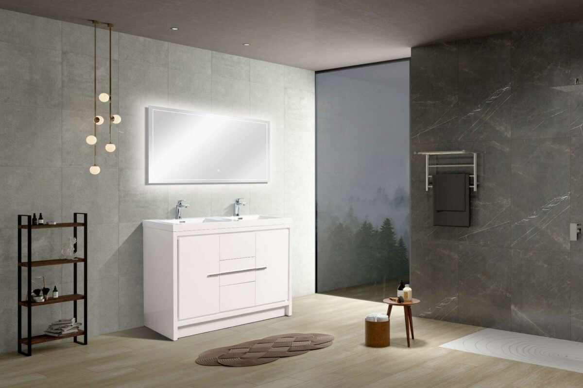 48" Glossy White Freestanding Double Sink Bathroom Vanity with White Polymarble Countertop - Image 7