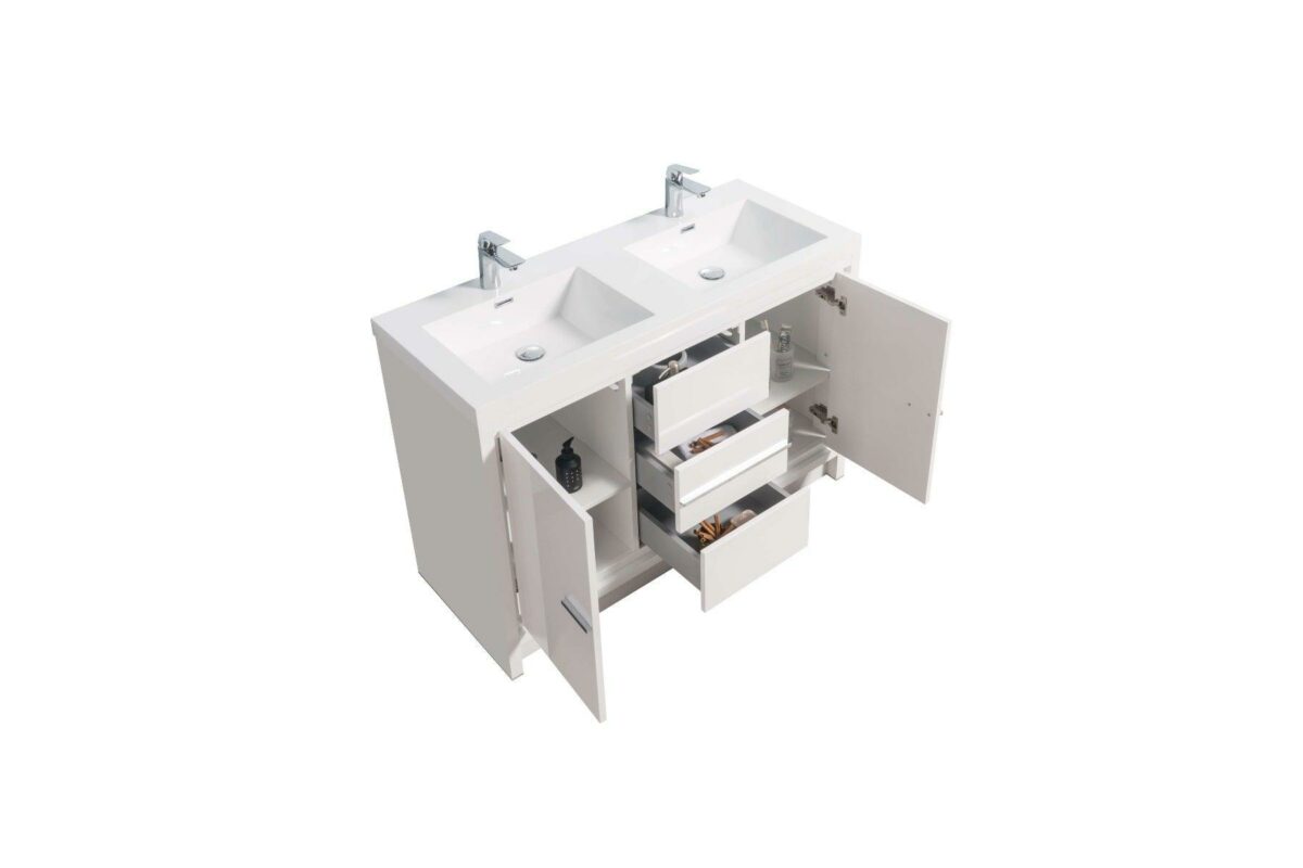 48" Glossy White Freestanding Double Sink Bathroom Vanity with White Polymarble Countertop - Image 6