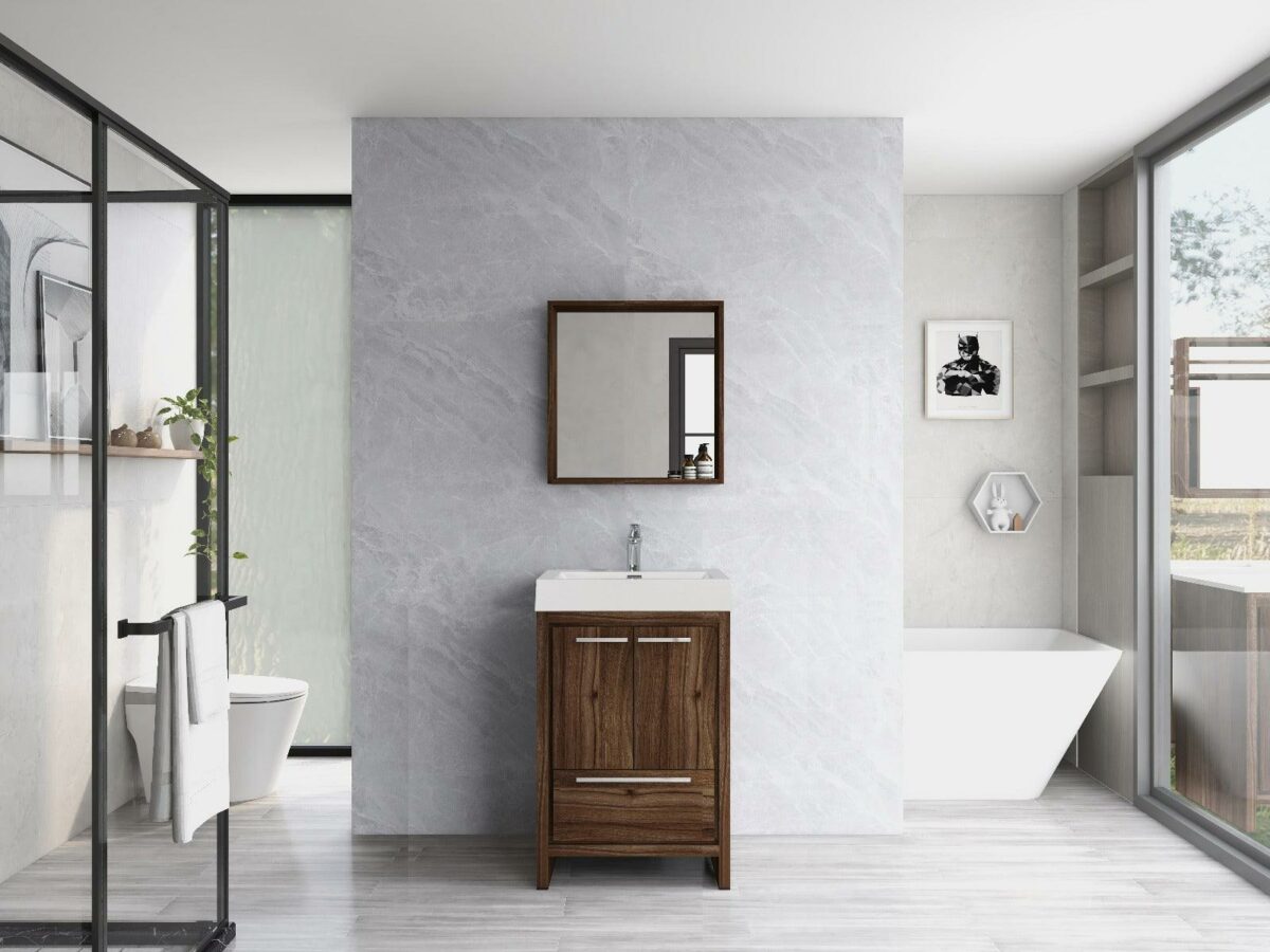 24" Walnut Freestanding Bathroom Vanity with White Polymarble Countertop - Image 1