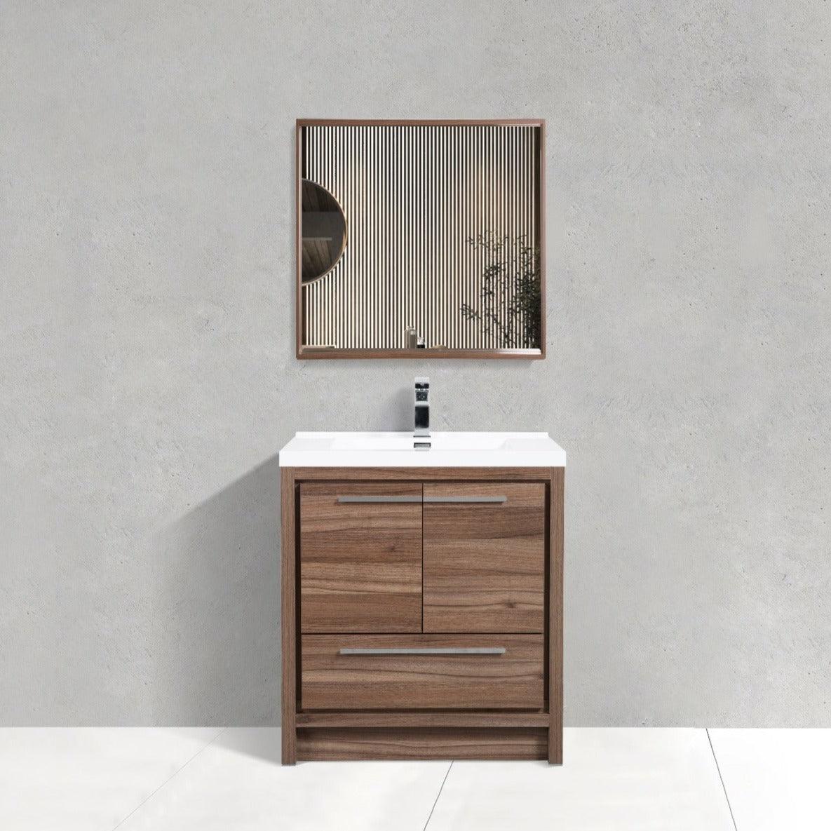 30" Walnut Freestanding Bathroom Vanity with White Polymarble Countertop – Image 1