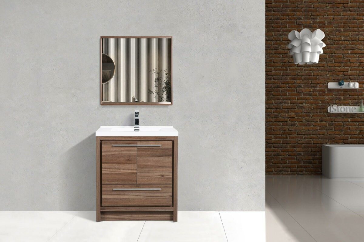 30" Walnut Freestanding Bathroom Vanity with White Polymarble Countertop - Image 2
