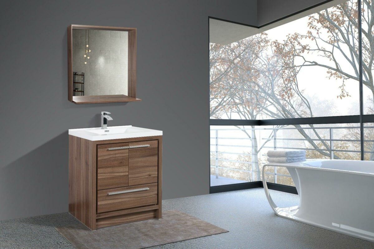 30" Walnut Freestanding Bathroom Vanity with White Polymarble Countertop - Image 7