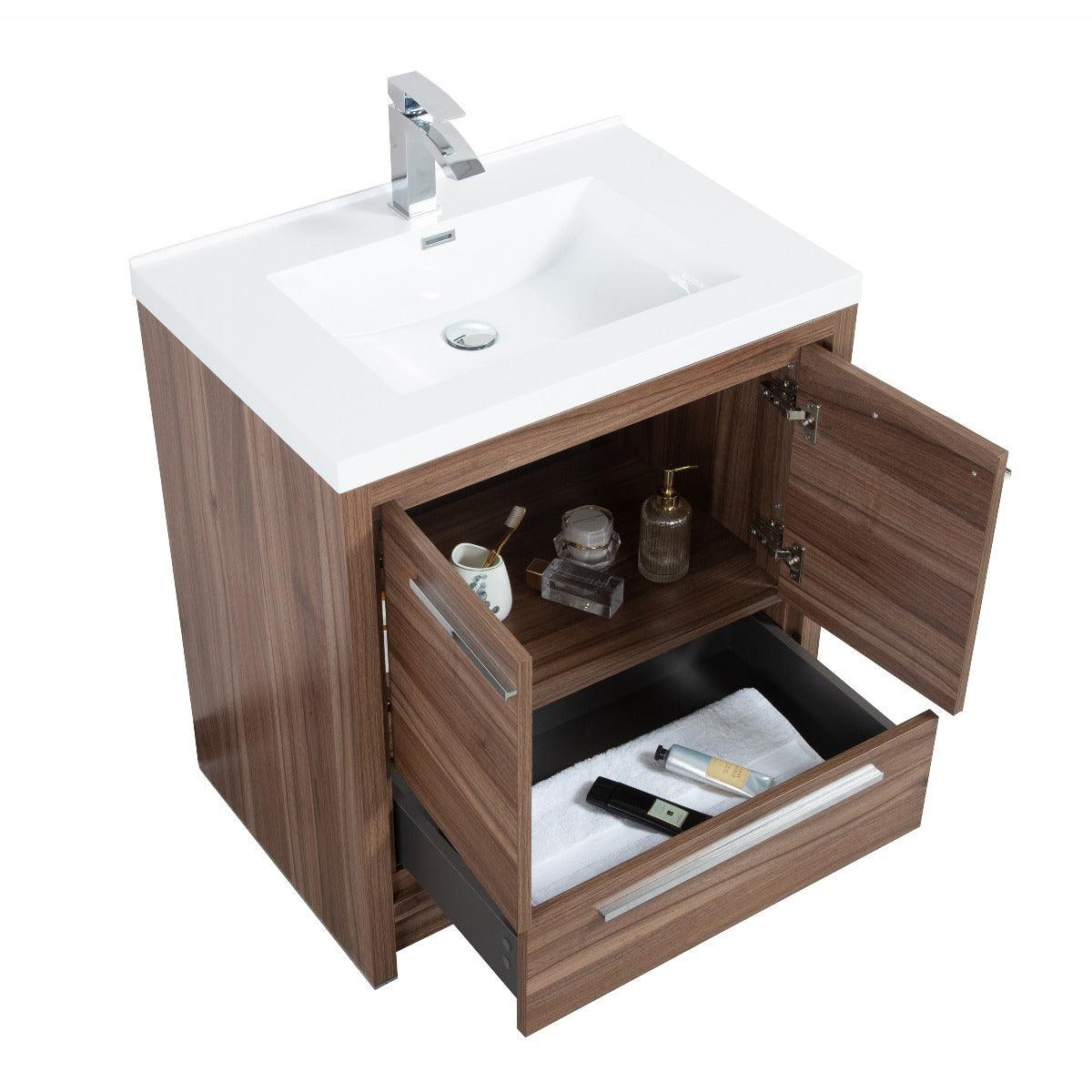 30" Walnut Freestanding Bathroom Vanity with White Polymarble Countertop – Image 6
