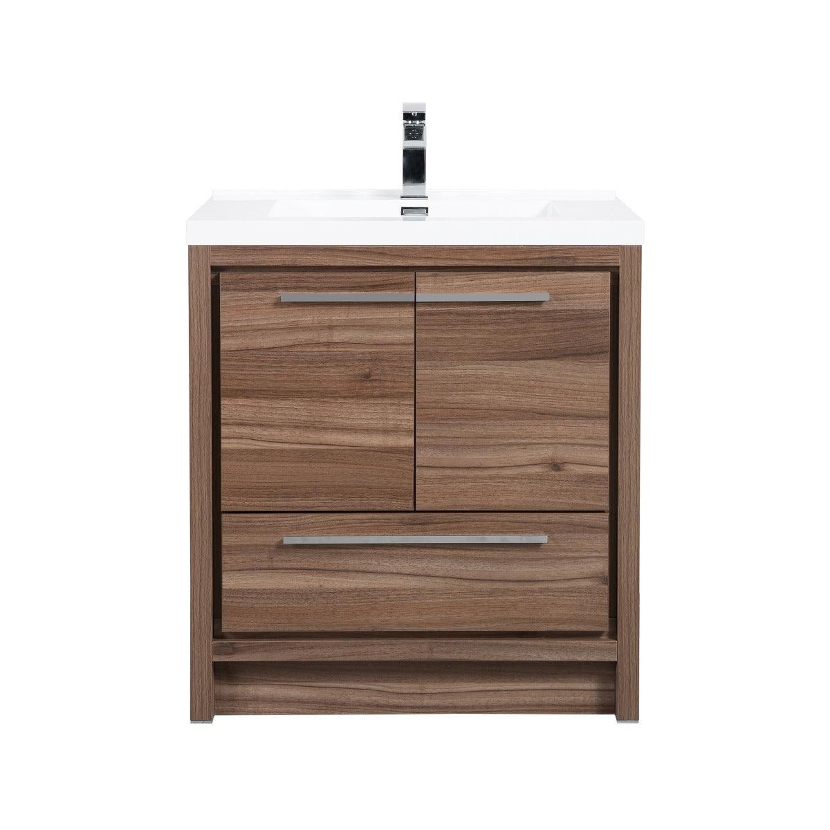 30" Walnut Freestanding Bathroom Vanity with White Polymarble Countertop – Image 4