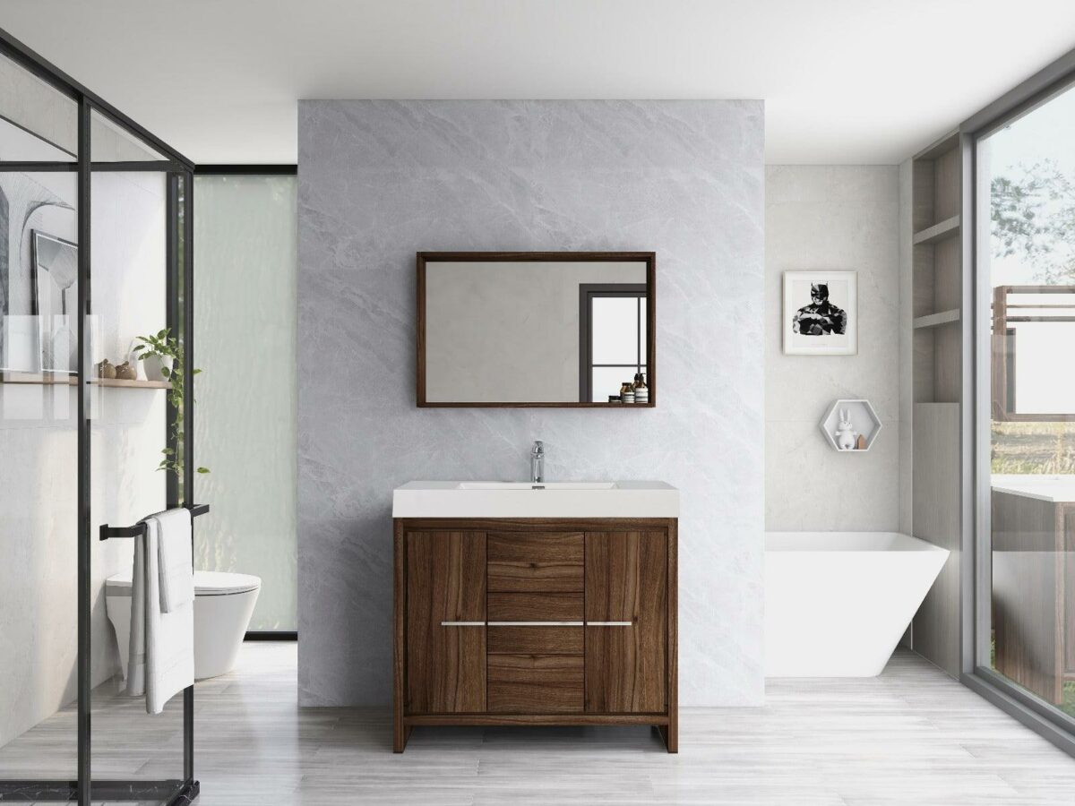 42" Walnut Freestanding Bathroom Vanity with White Polymarble Countertop - Image 1