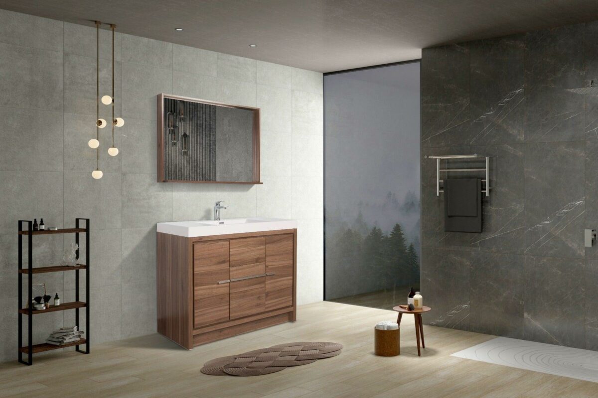 48" Walnut Freestanding Bathroom Vanity with White Polymarble Countertop - Image 6