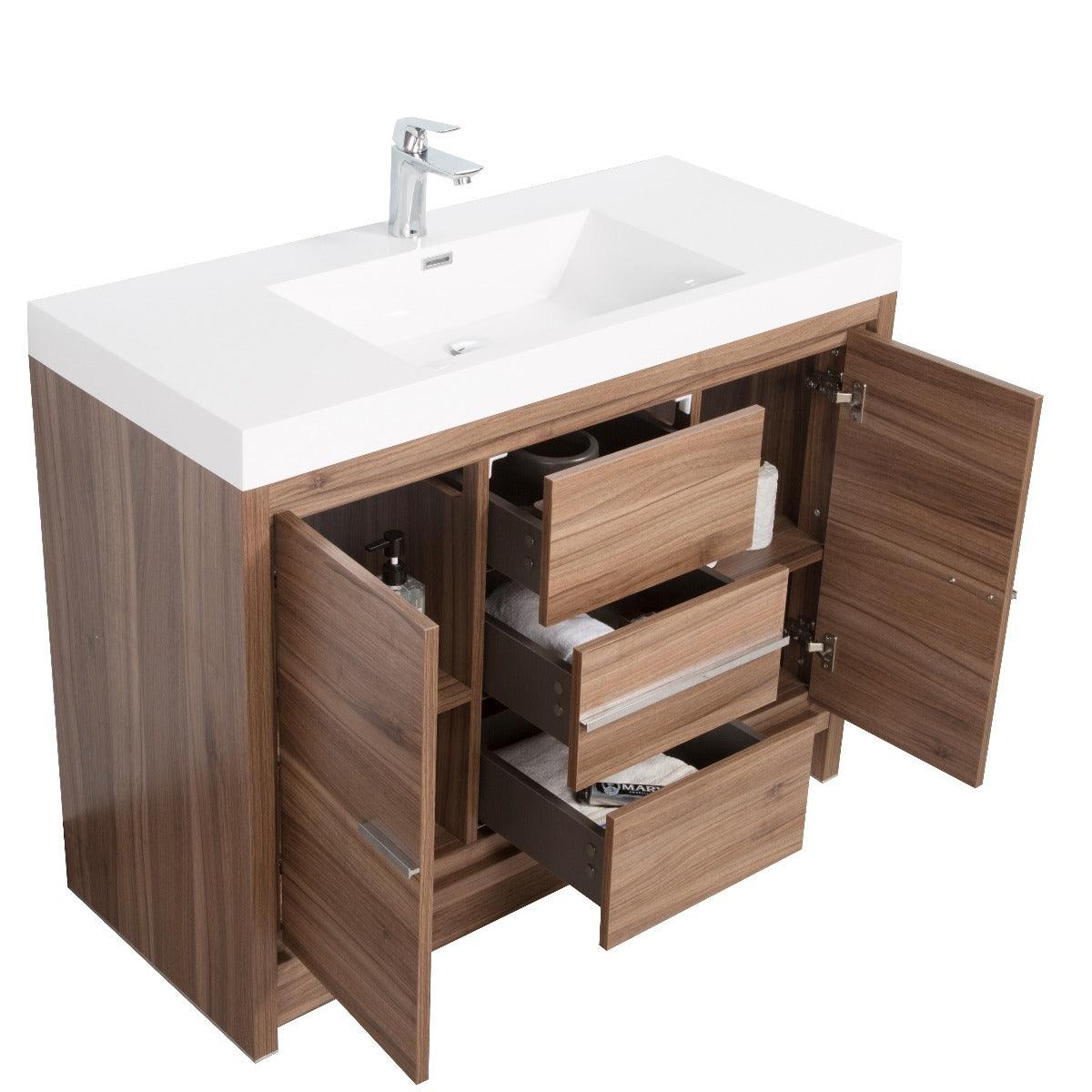 48" Walnut Freestanding Bathroom Vanity with White Polymarble Countertop – Image 5