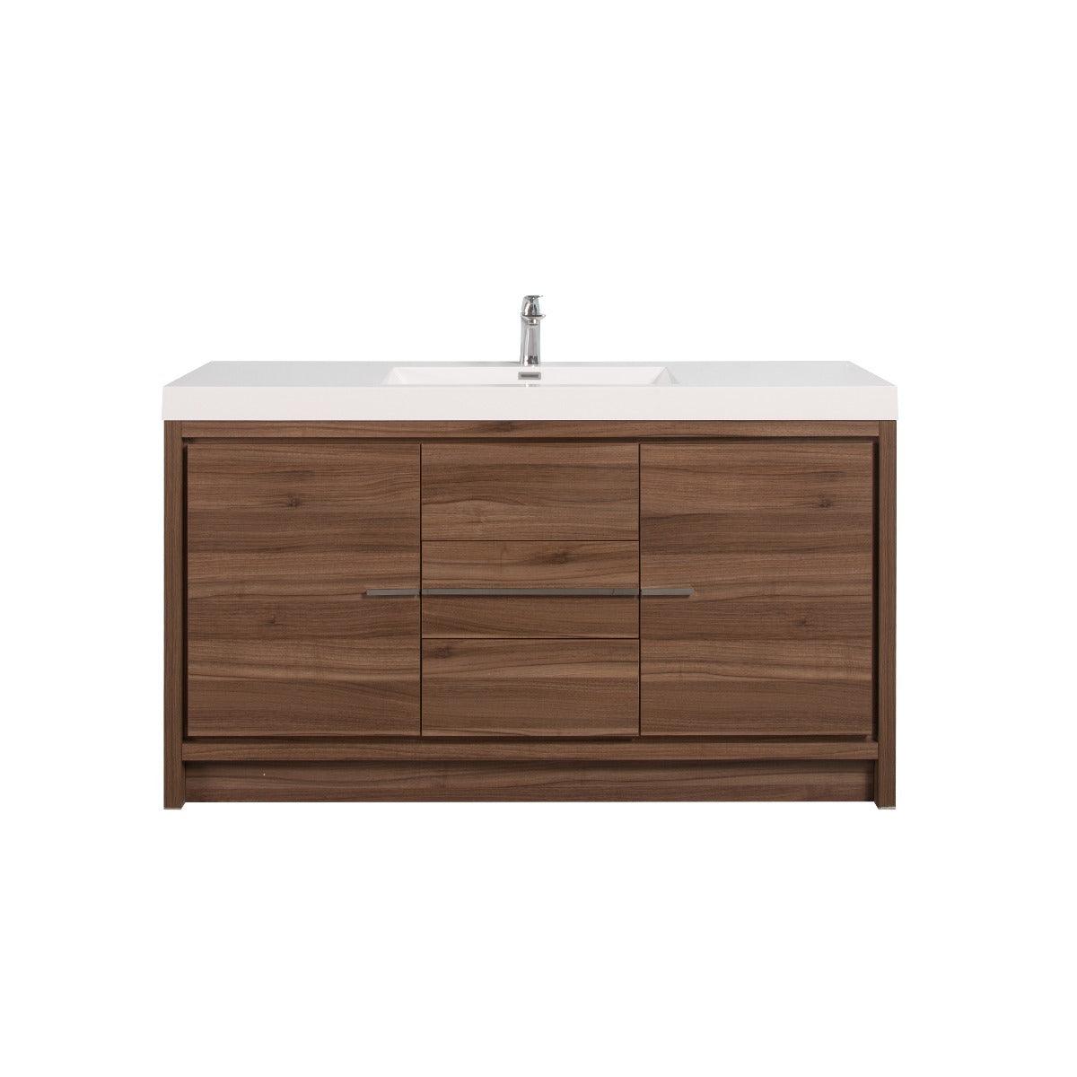 60" Walnut Freestanding Single Sink Bathroom Vanity with White Polymarble Countertop – Image 3