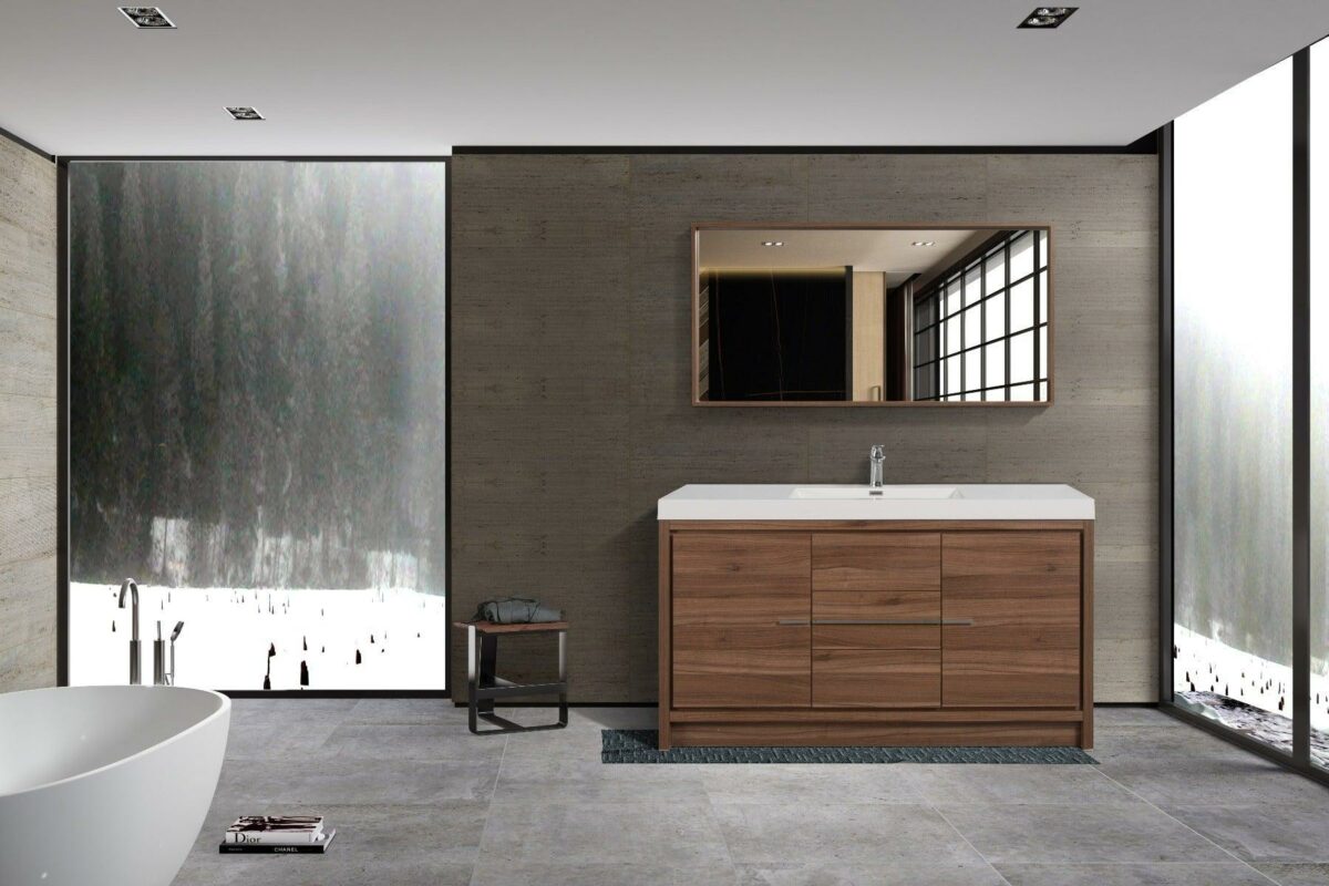 60" Walnut Freestanding Single Sink Bathroom Vanity with White Polymarble Countertop - Image 6