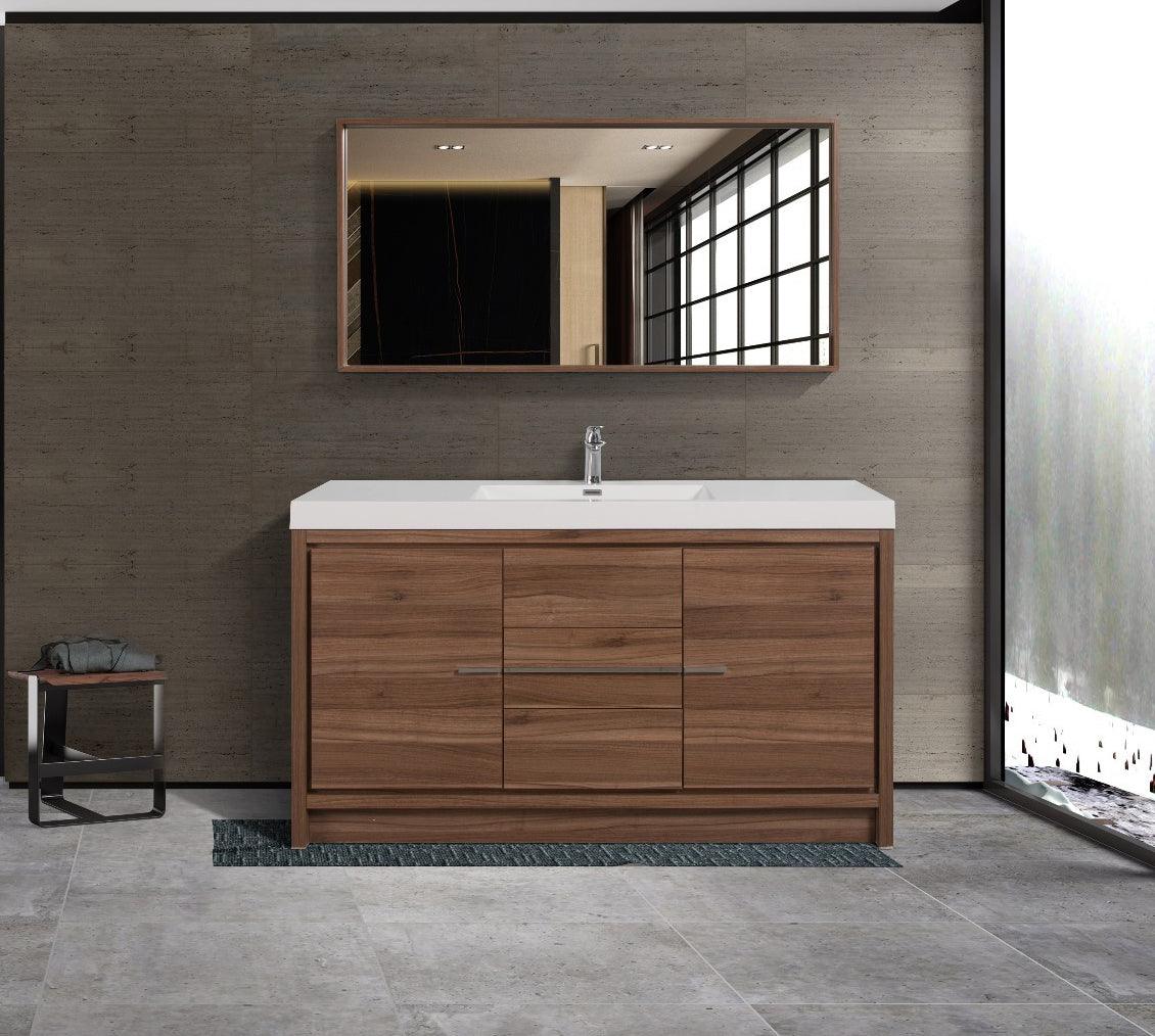 60" Walnut Freestanding Single Sink Bathroom Vanity with White Polymarble Countertop - Image 1