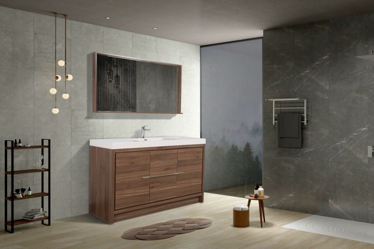 60" Walnut Freestanding Single Sink Bathroom Vanity with White Polymarble Countertop - Image 7