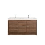 60" Walnut Freestanding Double Sink Bathroom Vanity with White Polymarble Countertop - Image 3