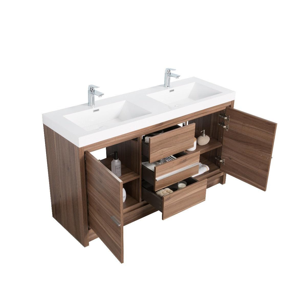 60" Walnut Freestanding Double Sink Bathroom Vanity with White Polymarble Countertop – Image 5