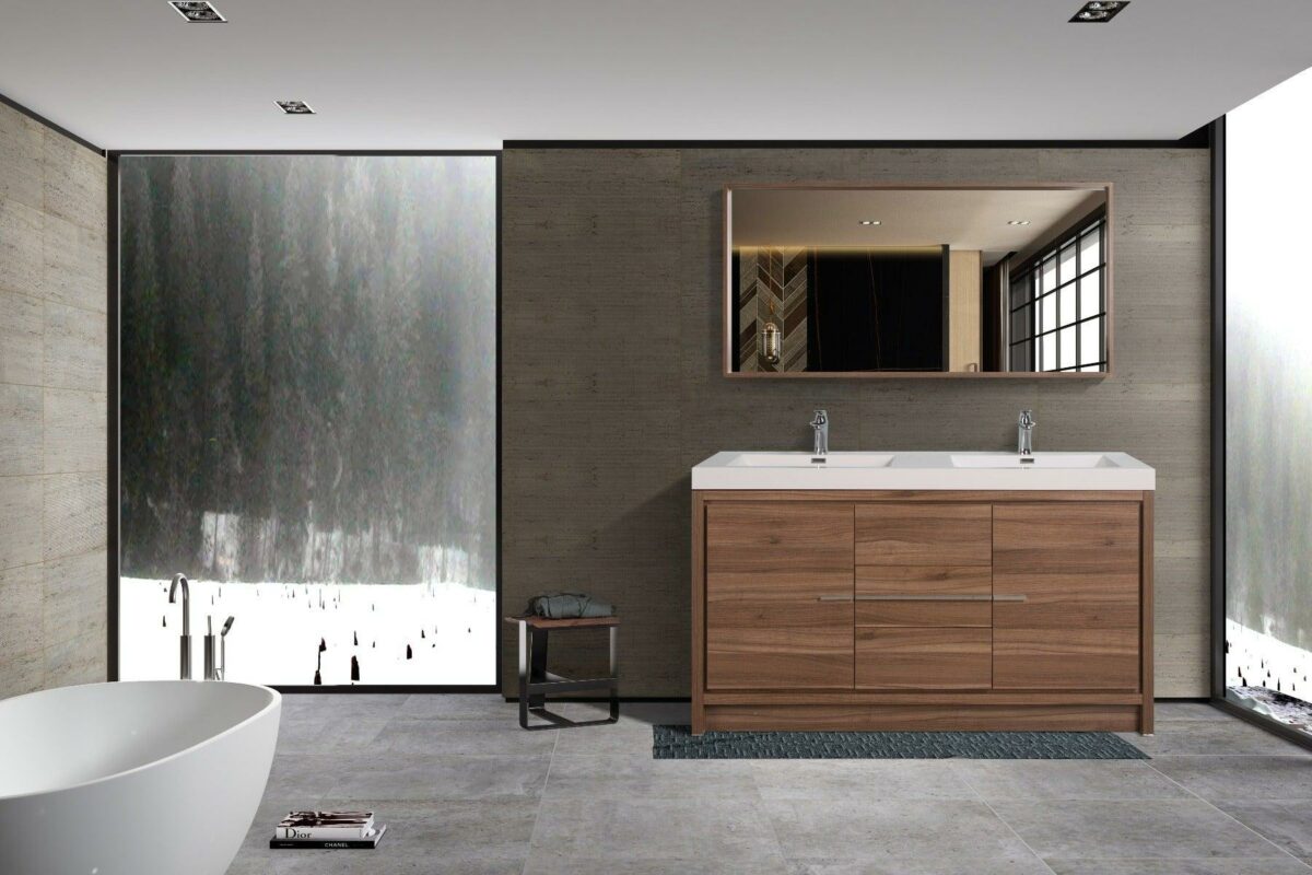 60" Walnut Freestanding Double Sink Bathroom Vanity with White Polymarble Countertop - Image 6