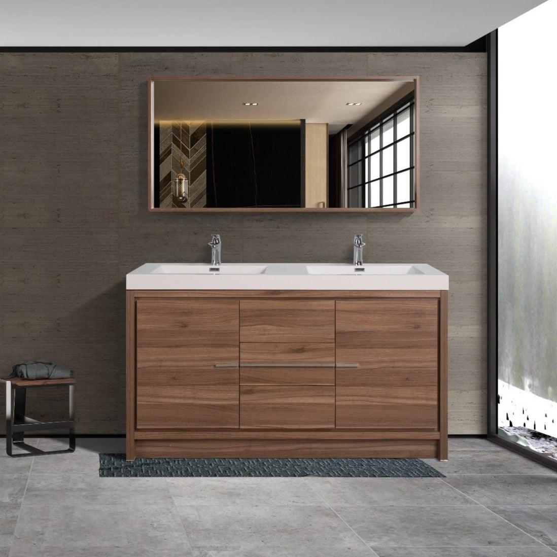 60" Walnut Freestanding Double Sink Bathroom Vanity with White Polymarble Countertop – Image 1