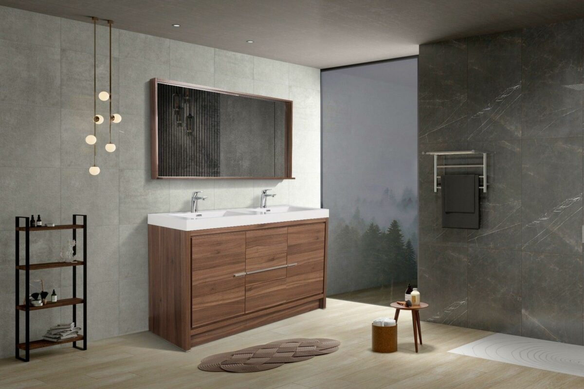 60" Walnut Freestanding Double Sink Bathroom Vanity with White Polymarble Countertop - Image 7