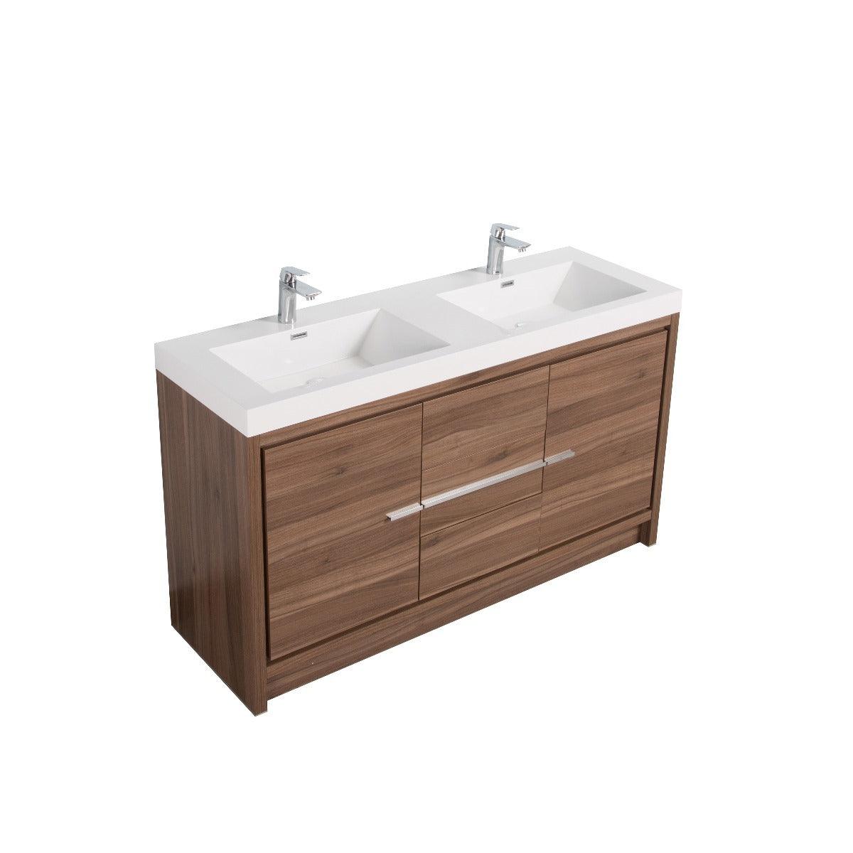 60" Walnut Freestanding Double Sink Bathroom Vanity with White Polymarble Countertop – Image 2
