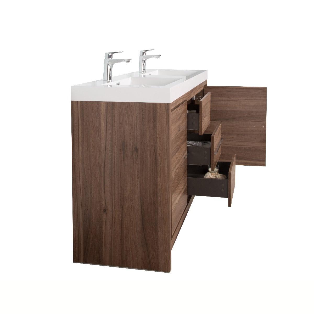 60" Walnut Freestanding Double Sink Bathroom Vanity with White Polymarble Countertop – Image 4