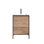 24" Rough Oak and Black Metal Frame Freestanding Single Sink Bathroom Vanity with White Ceramic Countertop - Image 2