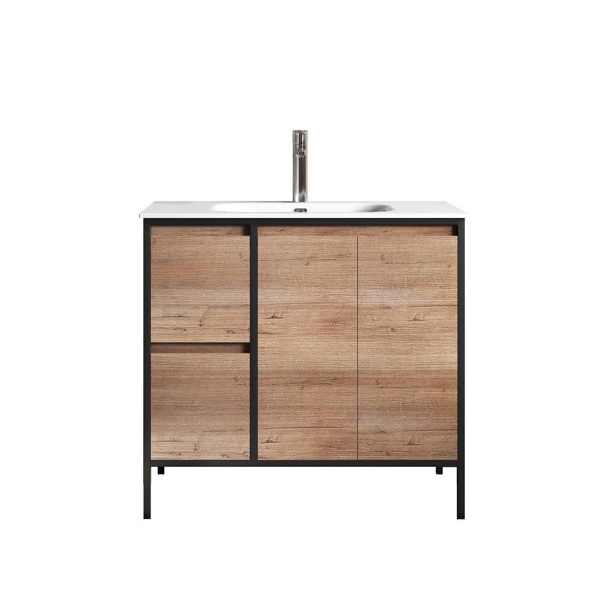 36" Rough Oak and Black Metal Frame Freestanding Single Sink Bathroom Vanity with White Ceramic Countertop - Image 2