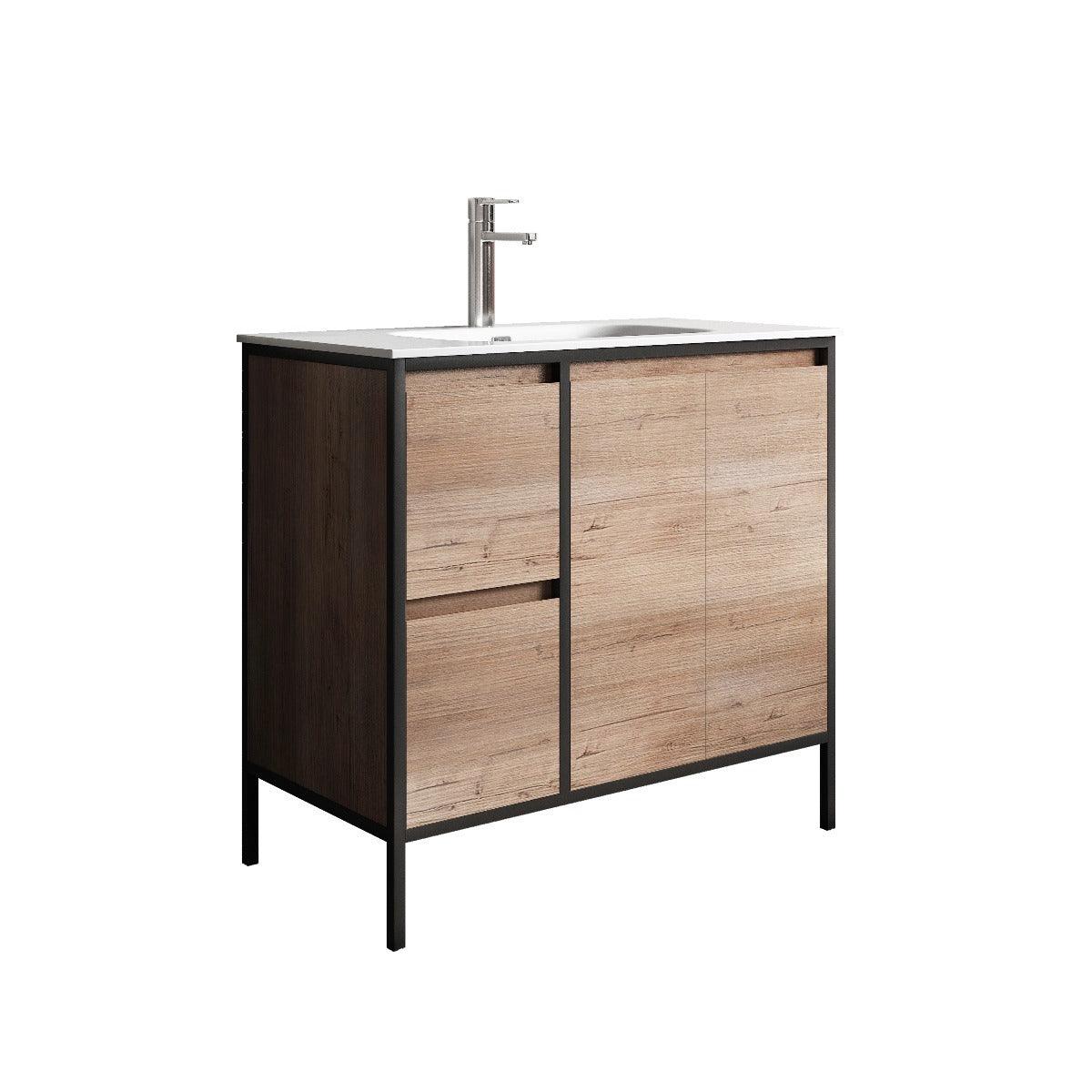 36" Rough Oak and Black Metal Frame Freestanding Single Sink Bathroom Vanity with White Ceramic Countertop - Image 3