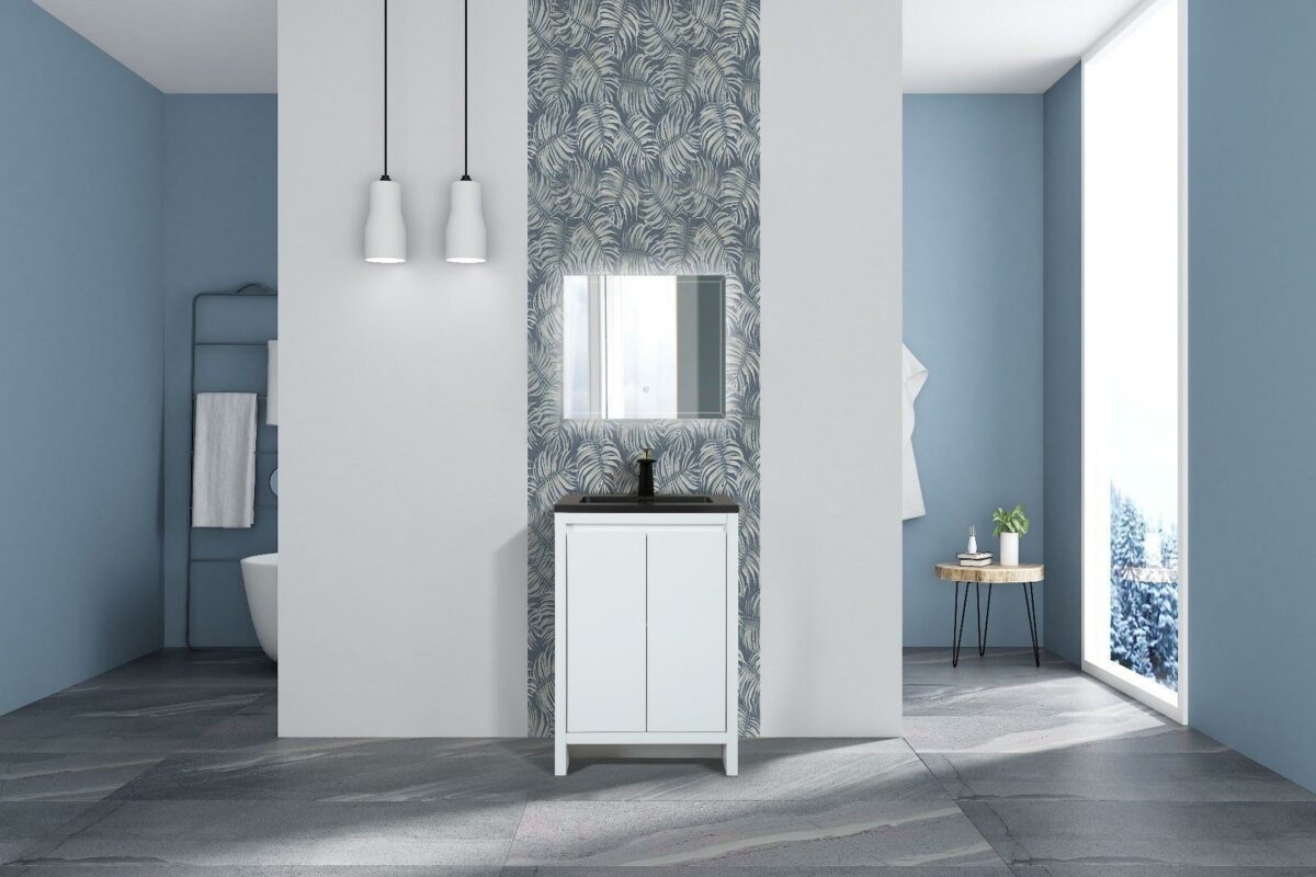 24" Glossy White Freestanding Bathroom Vanity with Black Engineered Quartz Countertop - Image 1