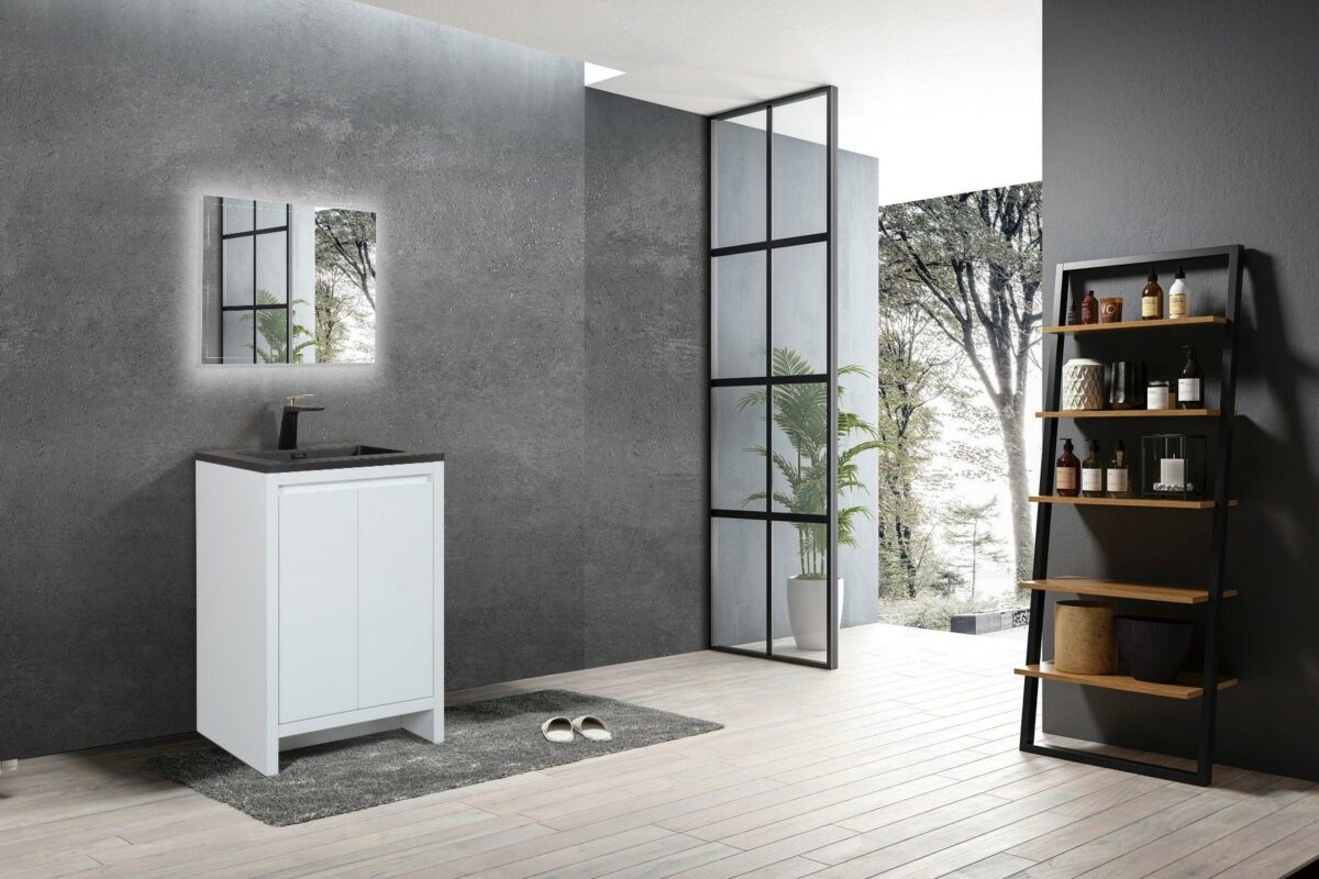 24" Glossy White Freestanding Bathroom Vanity with Black Engineered Quartz Countertop - Image 6