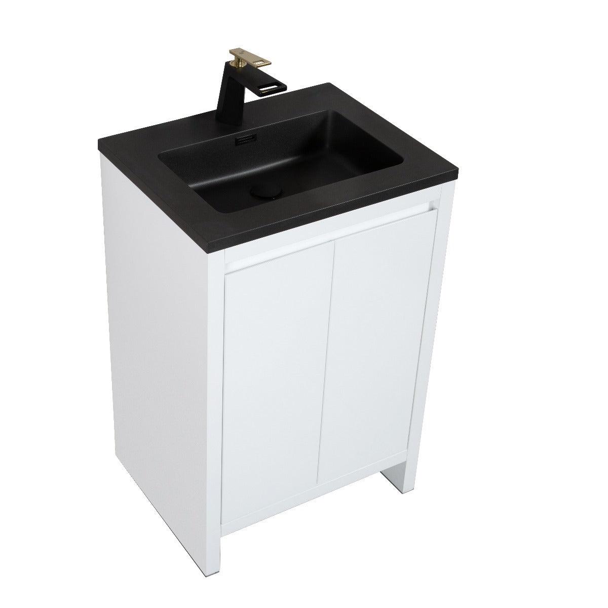 24" Glossy White Freestanding Bathroom Vanity with Black Engineered Quartz Countertop – Image 2