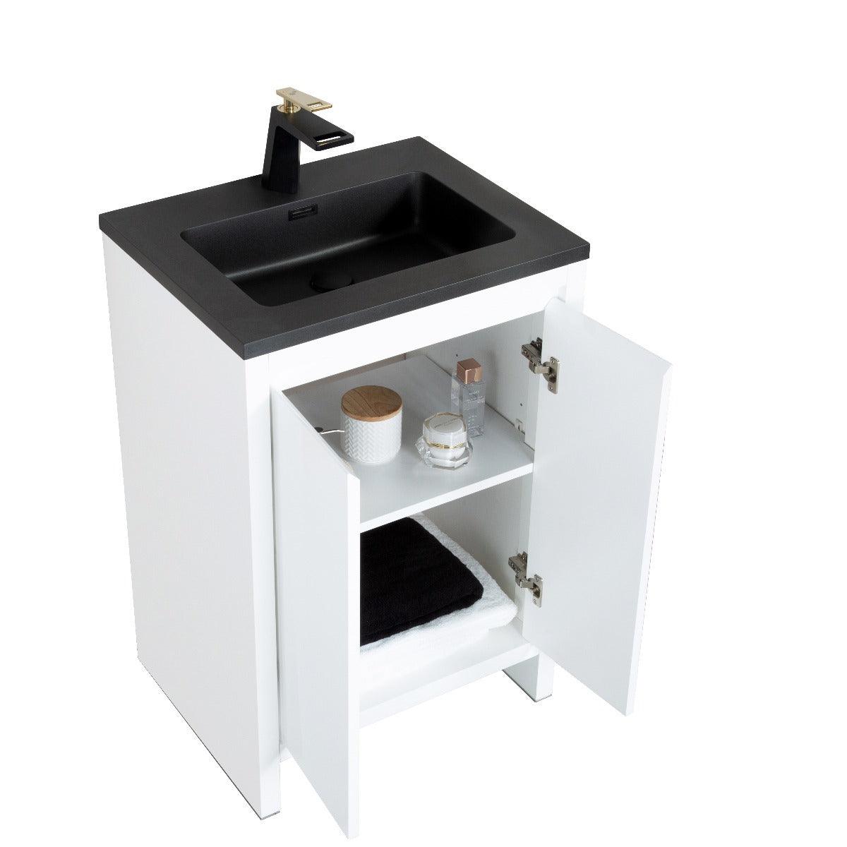 24" Glossy White Freestanding Bathroom Vanity with Black Engineered Quartz Countertop – Image 4