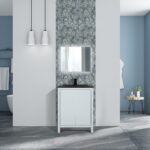 30" Glossy White Freestanding Bathroom Vanity with Black Engineered Quartz Countertop
