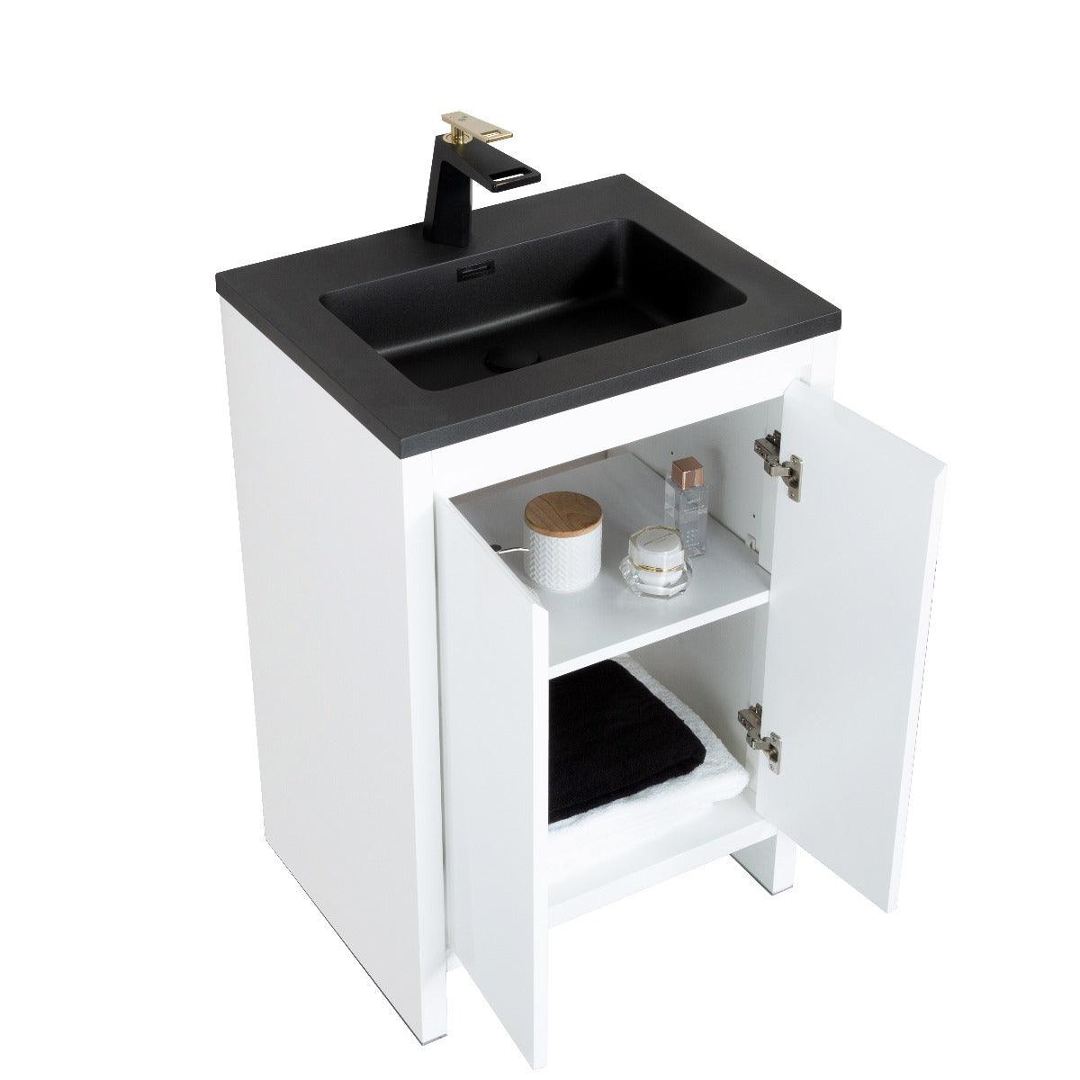 30" Glossy White Freestanding Bathroom Vanity with Black Engineered Quartz Countertop – Image 3