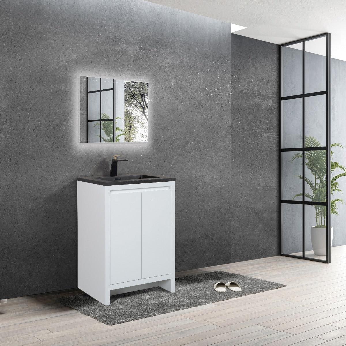 30" Glossy White Freestanding Bathroom Vanity with Black Engineered Quartz Countertop – Image 4