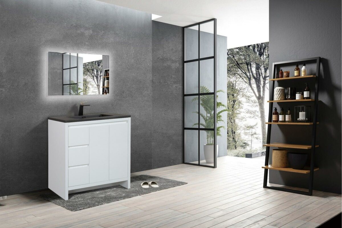 36" Glossy White Freestanding Bathroom Vanity with Black Engineered Quartz Countertop - Image 6