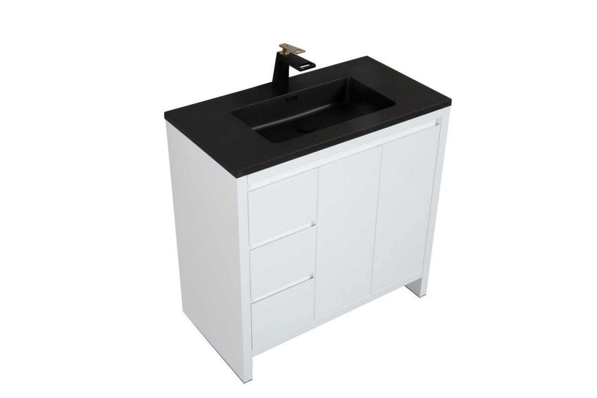 36" Glossy White Freestanding Bathroom Vanity with Black Engineered Quartz Countertop - Image 3