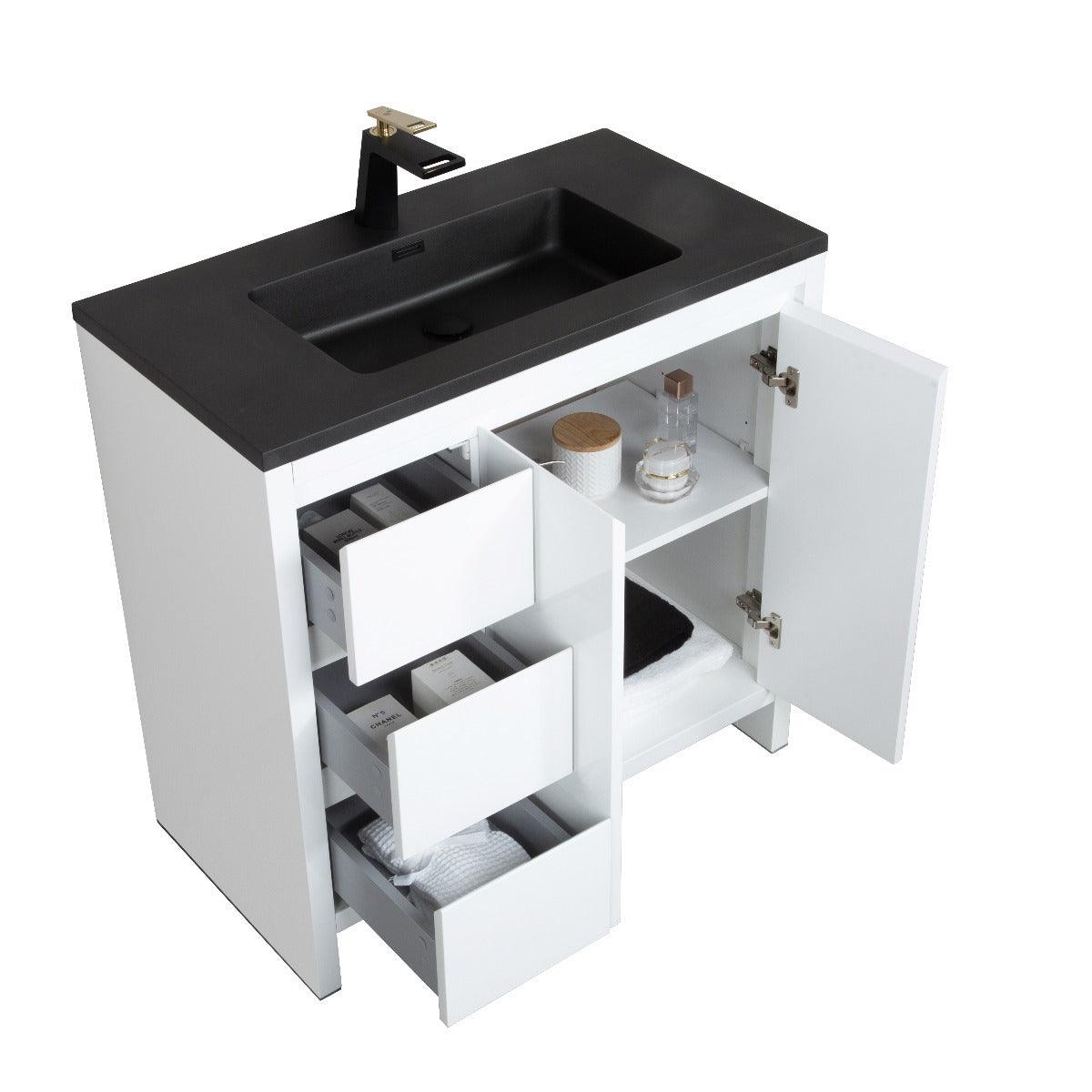 36" Glossy White Freestanding Bathroom Vanity with Black Engineered Quartz Countertop – Image 5