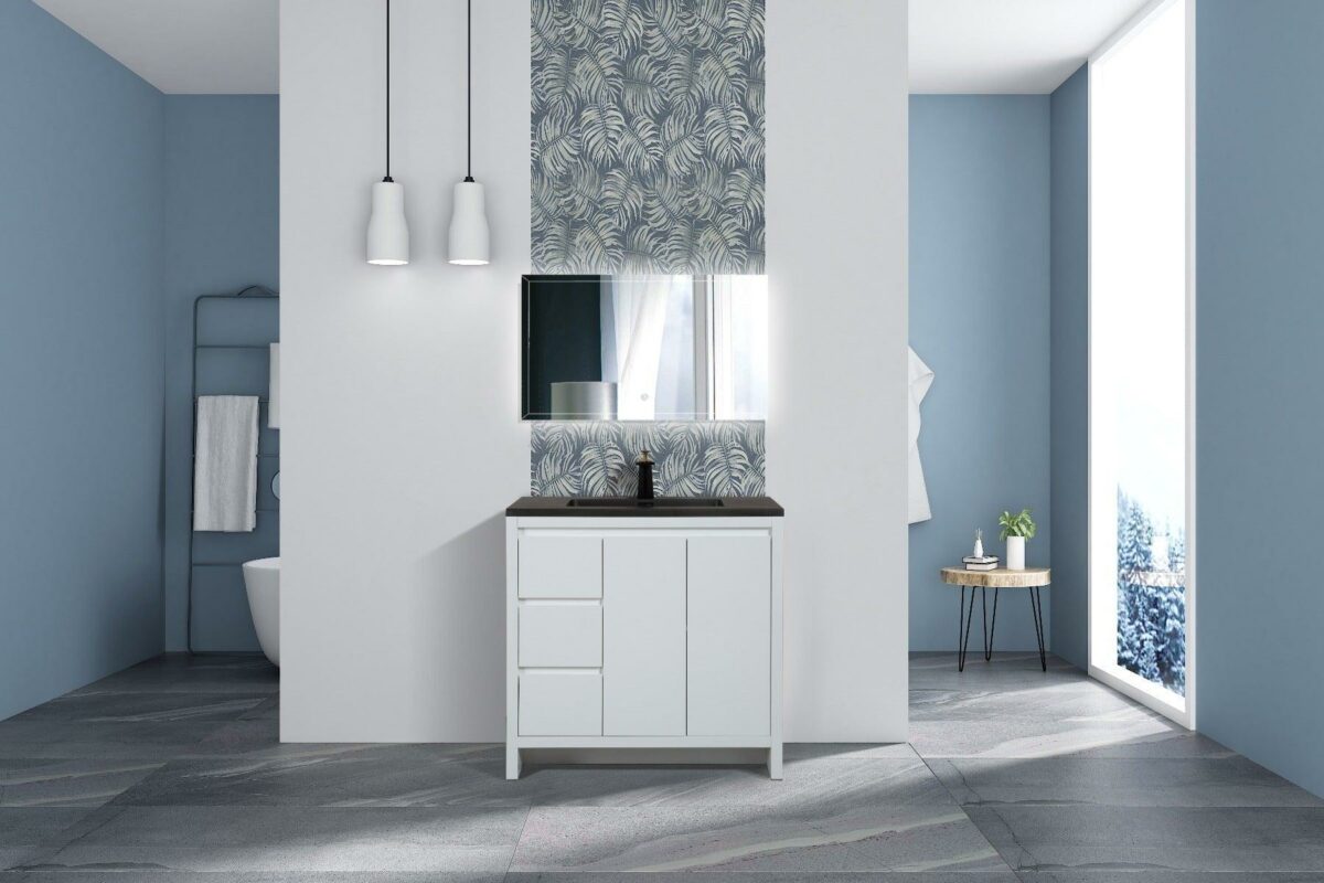 36" Glossy White Freestanding Bathroom Vanity with Black Engineered Quartz Countertop - Image 1