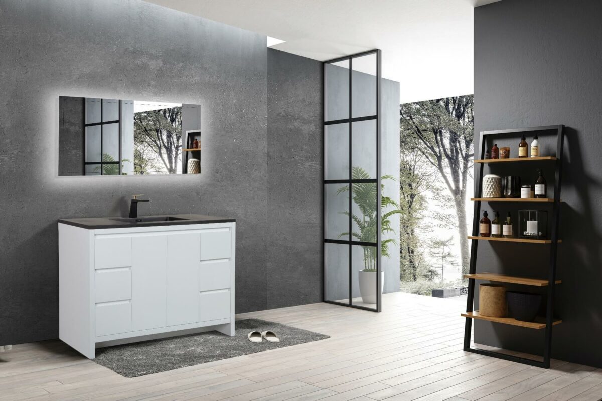 48" Glossy White Freestanding Bathroom Vanity with Black Engineered Quartz Countertop - Image 6