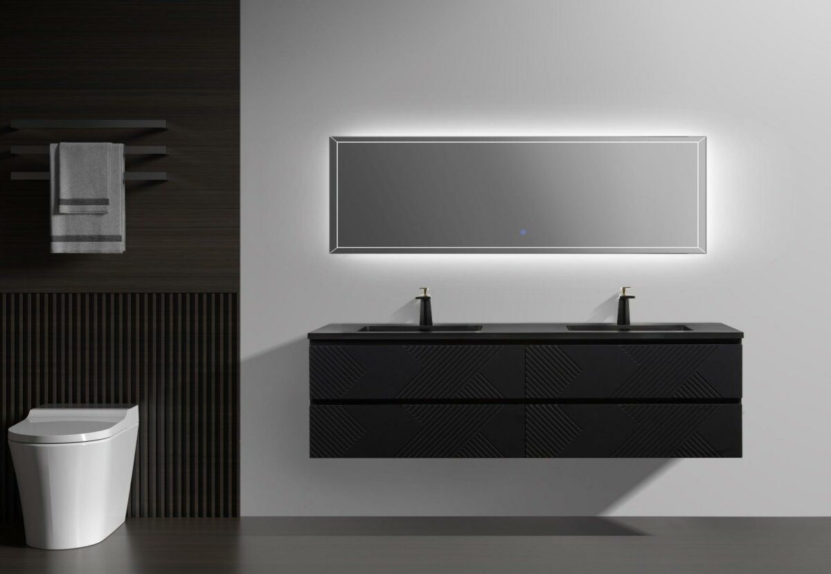 72" Black Wall Mount Double Sink Bathroom Vanity with Black Engineered Quartz Countertop - Image 2