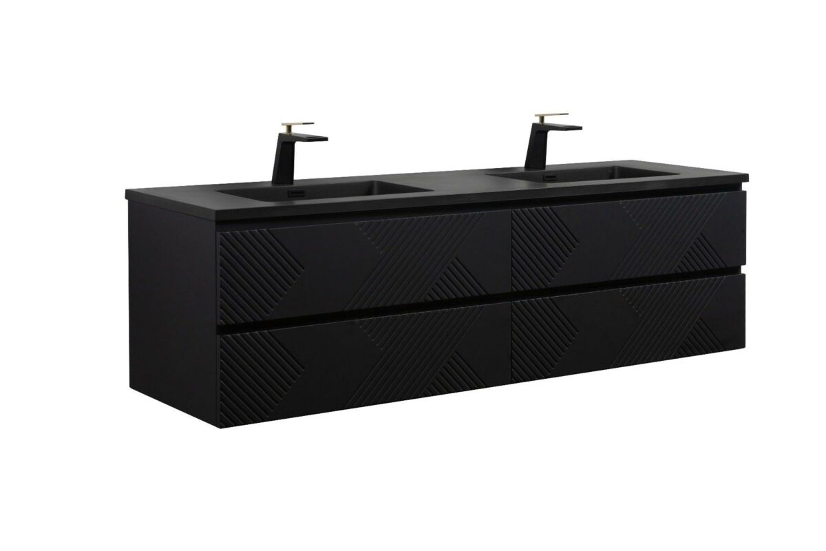 72" Black Wall Mount Double Sink Bathroom Vanity with Black Engineered Quartz Countertop - Image 3