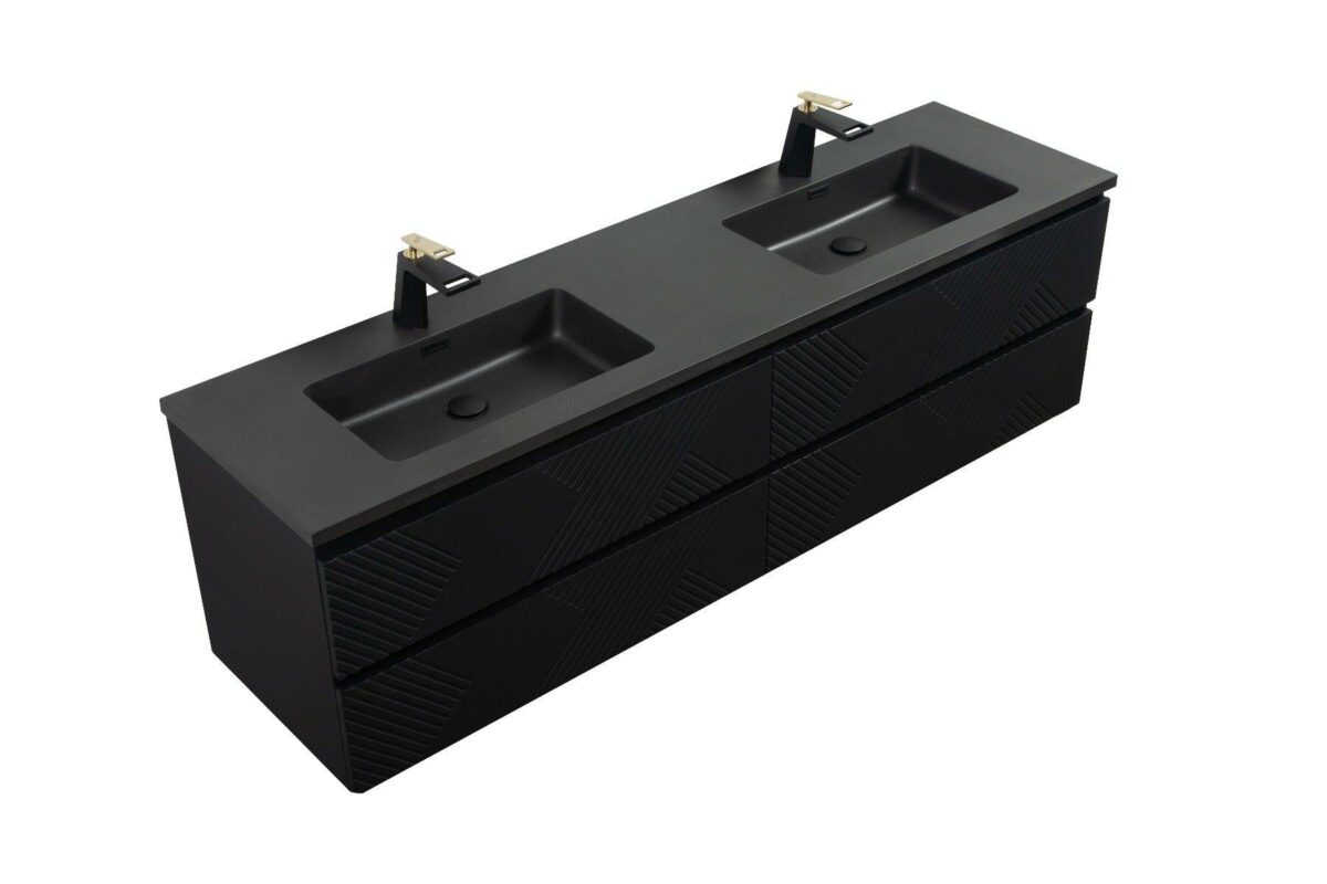 72" Black Wall Mount Double Sink Bathroom Vanity with Black Engineered Quartz Countertop - Image 4