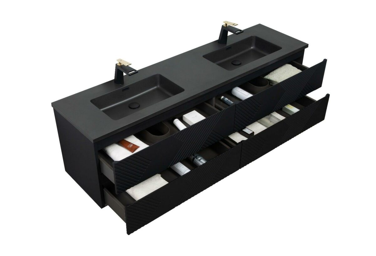 72" Black Wall Mount Double Sink Bathroom Vanity with Black Engineered Quartz Countertop - Image 5