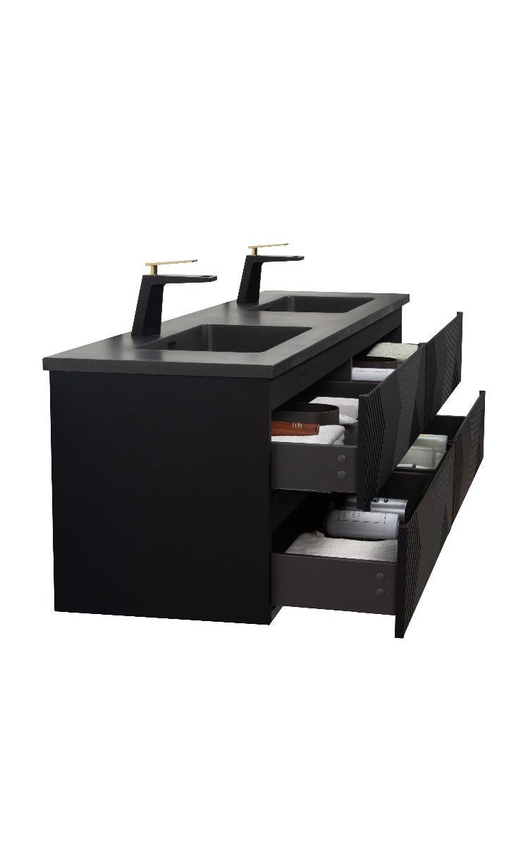 72" Black Wall Mount Double Sink Bathroom Vanity with Black Engineered Quartz Countertop – Image 6