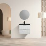 30" Glossy White Wall Mount Bathroom Vanity with Black Engineered Quartz Countertop