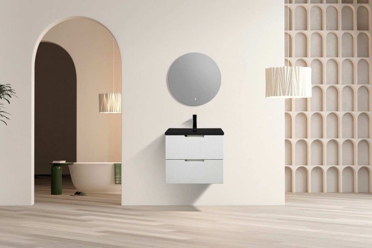 30" Glossy White Wall Mount Bathroom Vanity with Black Engineered Quartz Countertop - Image 6