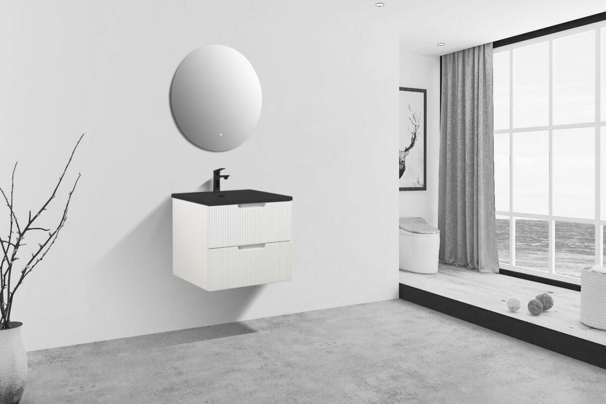 30" Glossy White Wall Mount Bathroom Vanity with Black Engineered Quartz Countertop - Image 5