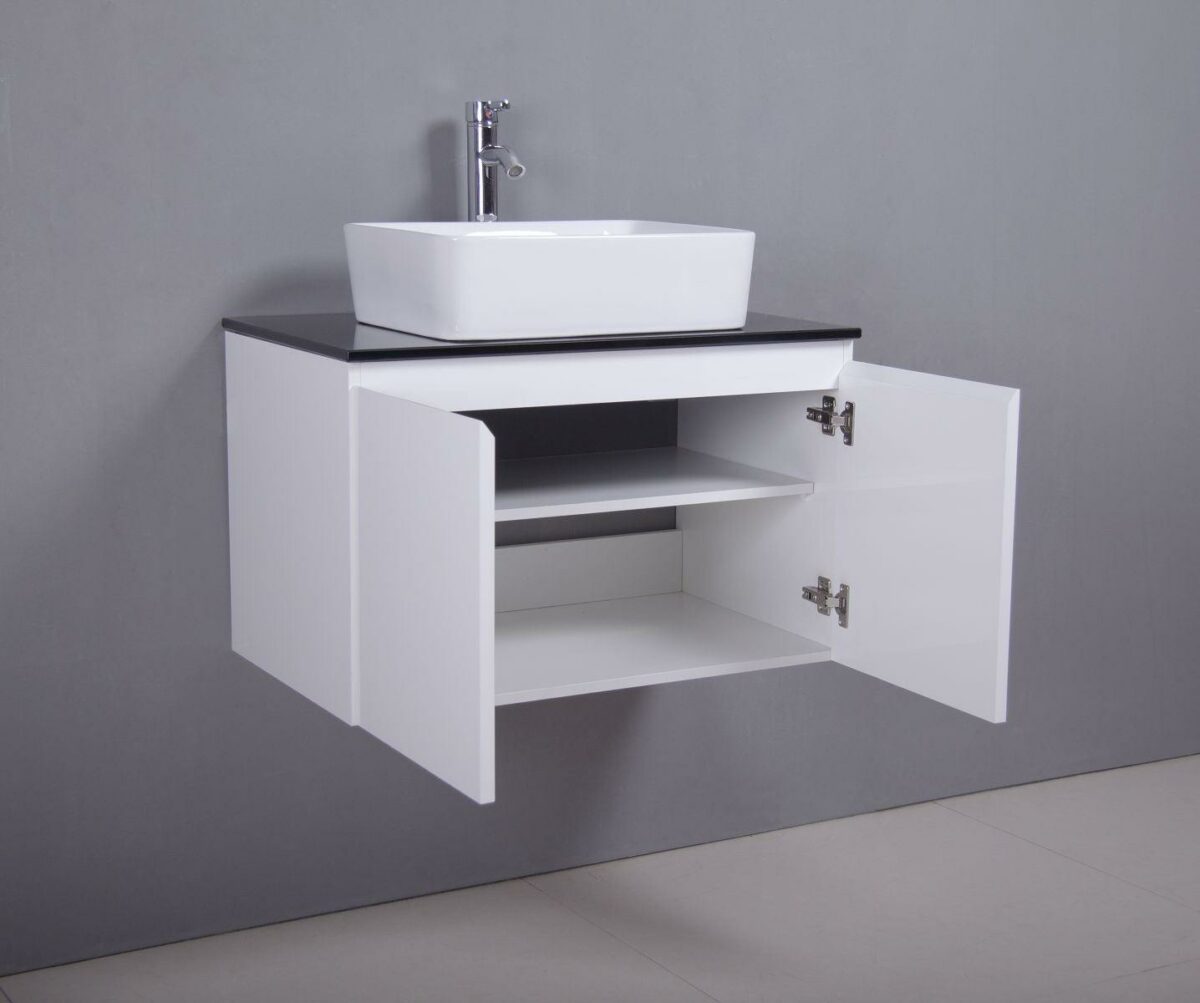 30" Lily White Wall Mount Bathroom Vanity with Black Tempered Glass Countertop & Ceramic Sink Cali - Image 6